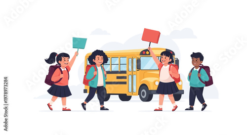 Diverse Group of Elementary Students Walking to School Bus with Backpacks. EPS Editable. Vector Illustrations.