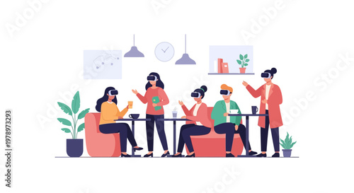 Diverse group of people experiencing virtual reality in a modern cafe. EPS Editable. Vector Illustrations.