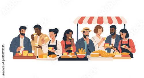 Diverse group of people enjoying fresh artisanal bread and pastries at a street market stall. EPS Editable. Vector Illustrations.