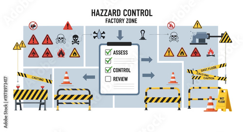A detailed industrial safety vector illustration depicts hazard control in a factory zone, featuring a safety workflow checklist and various hazard signs against a light blue background
