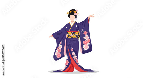 Elegant Japanese Geisha Wearing Traditional Kimono Attire. EPS Editable. Vector Illustrations.