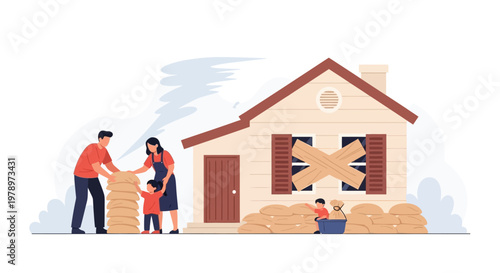 Family preparing their home for a severe storm with sandbags. EPS Editable. Vector Illustrations.