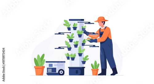Farmer tending to vertical hydroponic garden system with modern technology. EPS Editable. Vector Illustrations.