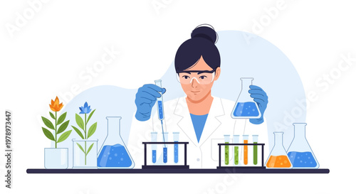 Female Scientist Conducting Botanical Research in a Modern Laboratory Setting. EPS Editable. Vector Illustrations.