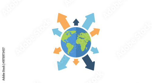 Global communication concept with a stylized earth globe and directional arrows. EPS Editable. Vector Illustrations.