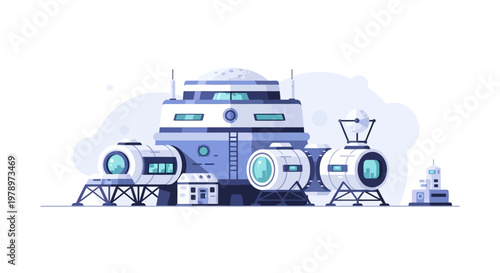 Futuristic space research station on alien planet surface. EPS Editable. Vector Illustrations.