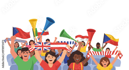Group of diverse enthusiastic sports fans cheering in stadium stands. EPS Editable. Vector Illustrations.