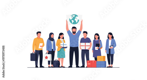 Group of diverse people holding packages and lifting a globe illustration. EPS Editable. Vector Illustrations.