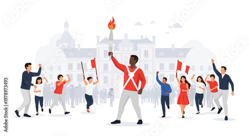 Group of diverse people celebrating with flags and a torch in a protest. EPS Editable. Vector Illustrations.