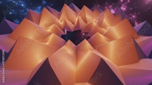 Abstract Geometric Landscape with Neon Lights and Cosmic Background.