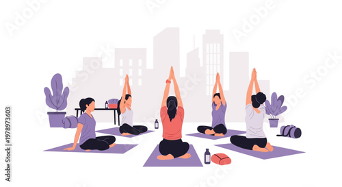 Group of women practicing yoga in a studio setting. EPS Editable. Vector Illustrations.
