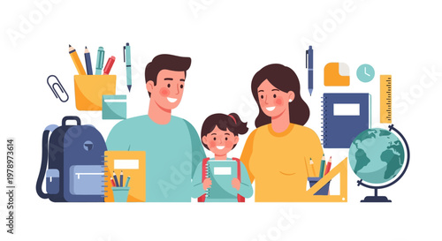 Happy parents and their daughter with school supplies and educational accessories. EPS Editable. Vector Illustrations.