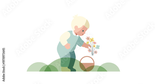 Illustration of a senior woman picking flowers for a basket. EPS Editable. Vector Illustrations.