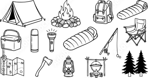 Camping elements set outline sketch vector illustration
