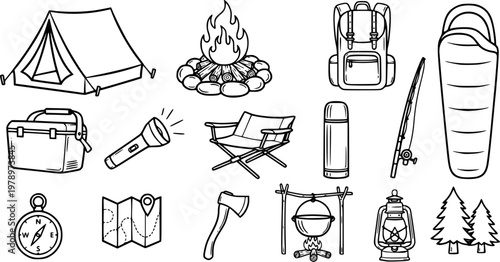 Camping elements set outline sketch vector illustration
