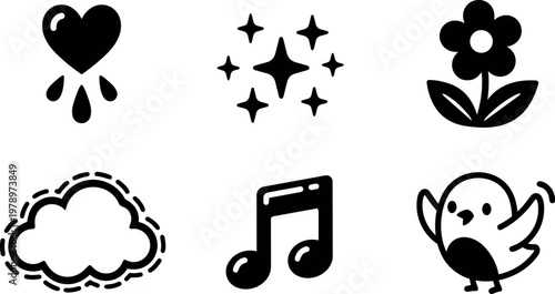 Black and white vector icons of heart drop star flower cloud music note and bird
