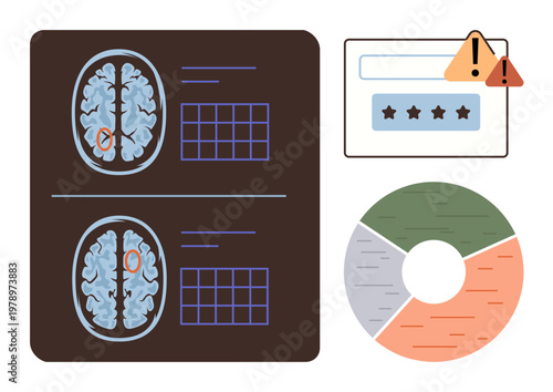 Medical research, data analysis, cybersecurity, health diagnostics, technology integration, information science. Brain scans with overlay grid. Medical research and data analysis concept