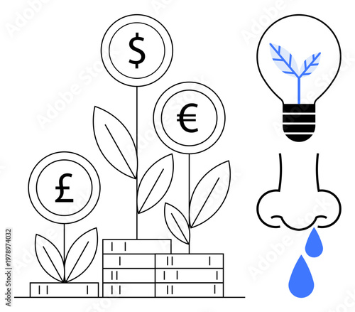 Financial growth, sustainability, innovation, environmental conservation, creative solutions, global economy. Drawings of plants with money signs, a nose with water drops and a light bulb. Financial