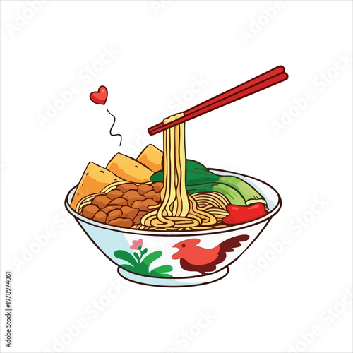 Indonesian chicken noodle bowl with red chopsticks