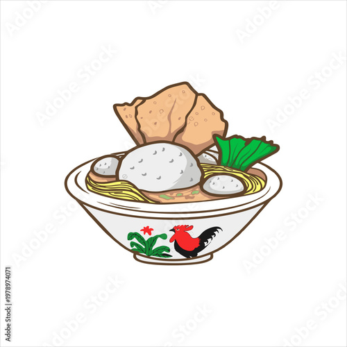 Indonesian meatball noodle soup in rooster bowl