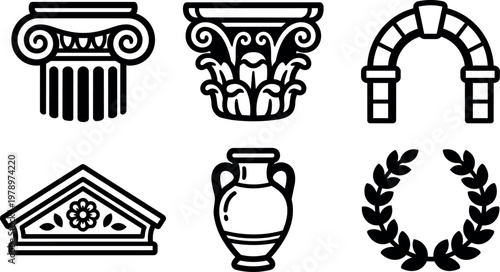 Black and white icons of classical architecture column capitals urn arch pediment and laurel wreath