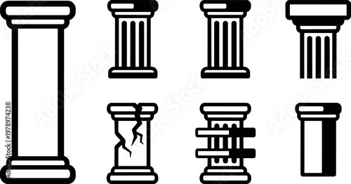 Black and white column icons including broken and barred pillars vector art