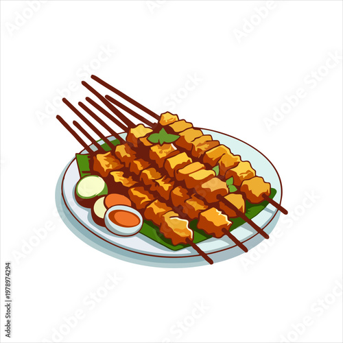 Traditional Indonesian chicken satay on white