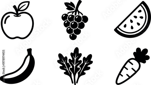 Black and white line art apple grape banana carrot and watermelon vector set