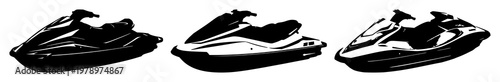 Jet ski set with black silhouette and simple design featuring personal watercraft, water sport, recreation with vehicle and transportation on a clean background
