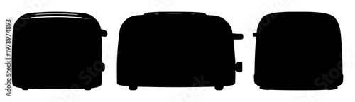 Toaster set with black silhouette against clean white background featuring kitchen appliance silhouette, minimalistic line art, graphic illustration with vintage and modern appeal