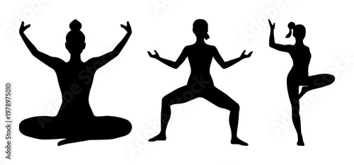 Yoga tree pose set with solid black icon and white background featuring yoga, tree pose, silhouette with black and white and icon