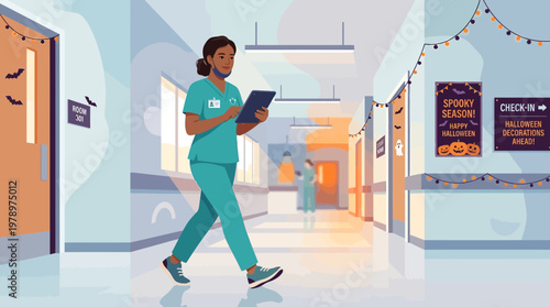 Female nurse walking in hospital hallway with tablet during Halloween