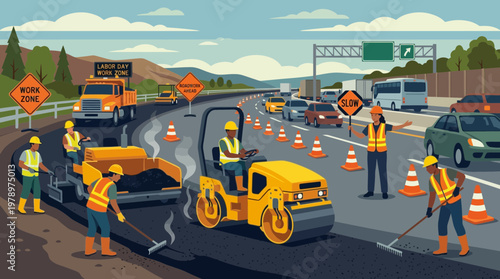 Road construction site with asphalt paving machinery and workers