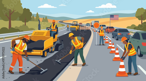 Road Construction Crew Paving Highway with Asphalt Illustration