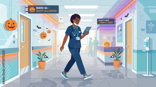 Healthcare worker walking in hospital corridor decorated for Halloween
