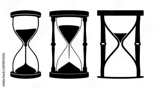History hourglass icon set with solid black icon on white background featuring hourglass, time, history with black and white and iconography