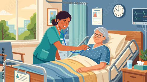 Nurse checking elderly patient with stethoscope in hospital illustration