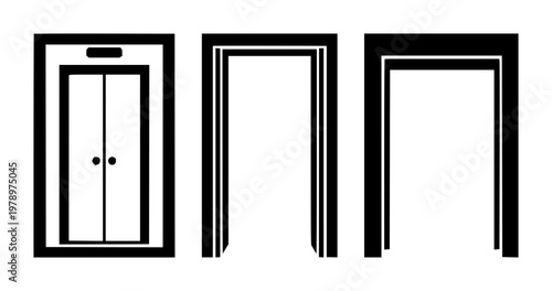 Elevator icon set with solid black color and simple silhouette style featuring lift, arrow, transportation with up and down