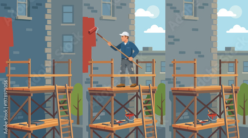Professional painter using roller on scaffolding illustration