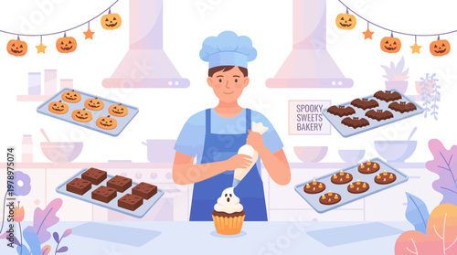 Baker Decorating Halloween Ghost Cupcake in a Spooky Kitchen