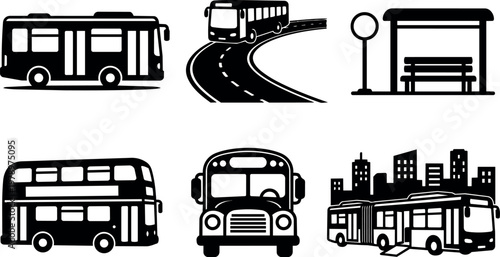 Black and white bus icons including city bus school bus and bus stop shelter