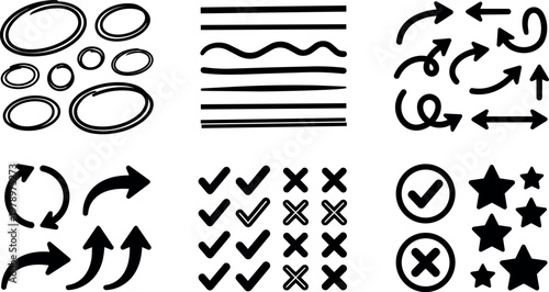 Black hand drawn arrows circular checkmark crosses and stars vector art
