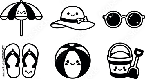 Black and white cute beach accessories kawaii vector art set with umbrella hat sunglasses ball flip flops and bucket