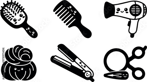Black and white cute hairdressing tools with smiley faces vector art