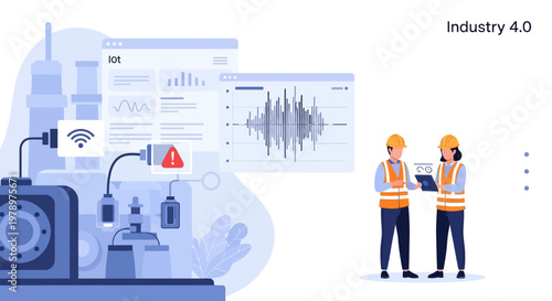 Illustrated vector of engineers in vests analyzing machine performance graphs on a tablet in a modern factory, showcasing predictive maintenance technology with a clean, minimalist design