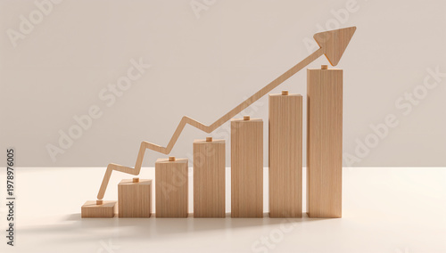 木製の棒グラフと上向き矢印で成長率を表したビジネス写真