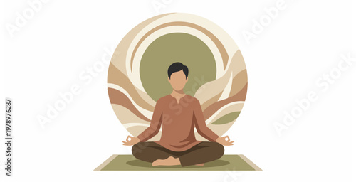 Man Meditating in Lotus Position on Mat with Abstract Circular Background