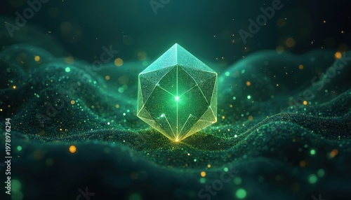 Abstract geometric shape glows with inner light amid swirling green particles. Data streams flow creating ethereal network. Futuristic technology concepts visualized.