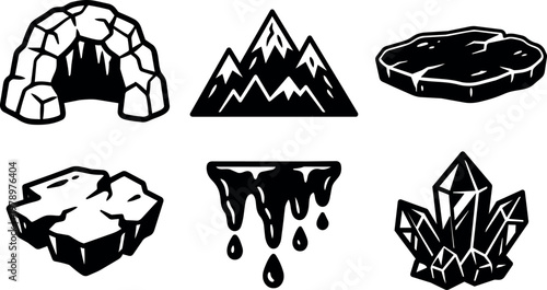Black and white cave mountain rock stalactite and crystal vector art illustrations