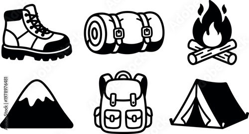 Black and white camping icons including boot backpack fire mountain tent and sleeping bag